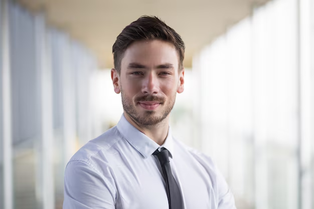 A guy posing sideways for his LinkedIn professional headshot in an office environment