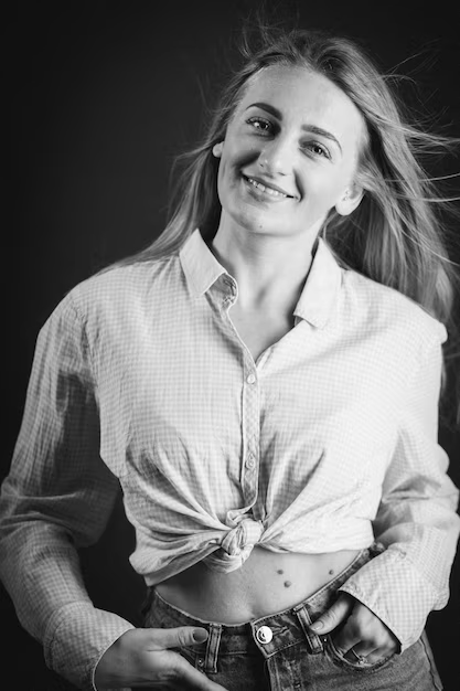 A woman posing for her black and white acting headshot