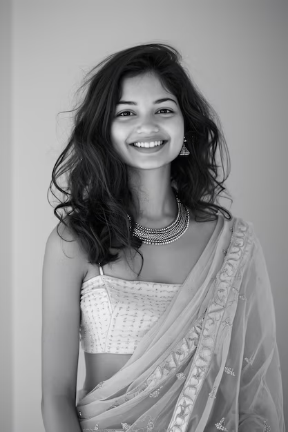 A portrait of a girl posing in fancy clothes with a wide smile on her face