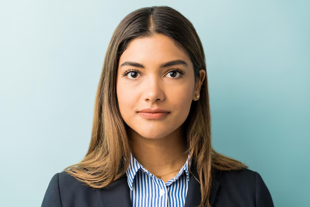 A LinkedIn headshot of a woman posing against a solid backdrop