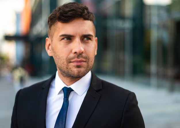 A man wearing a suit is posing for his headshot in an outdoor setting