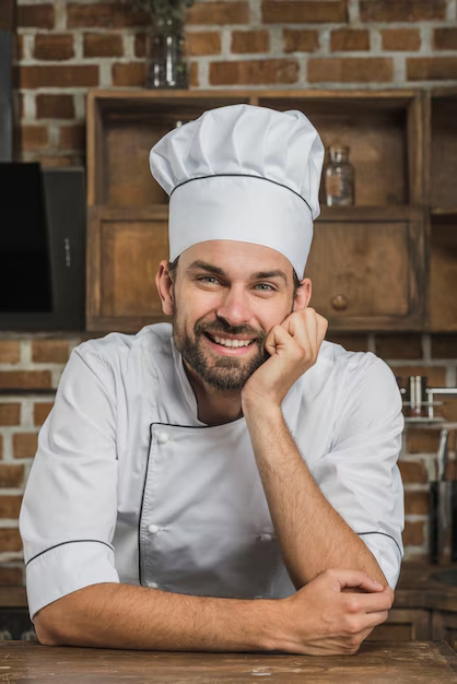 A chef posing in a friendly manner in his kitchen