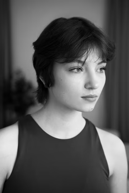 A black and white headshot of a woman giving a serious pose