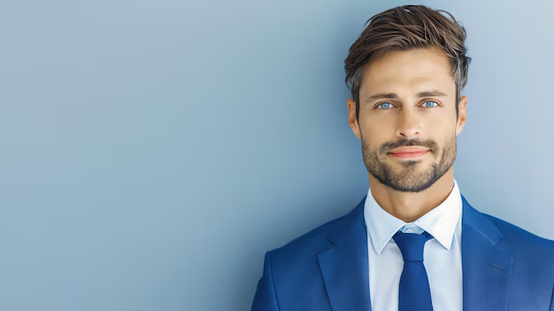 A guy posing against a solid-colored background for his business headshot