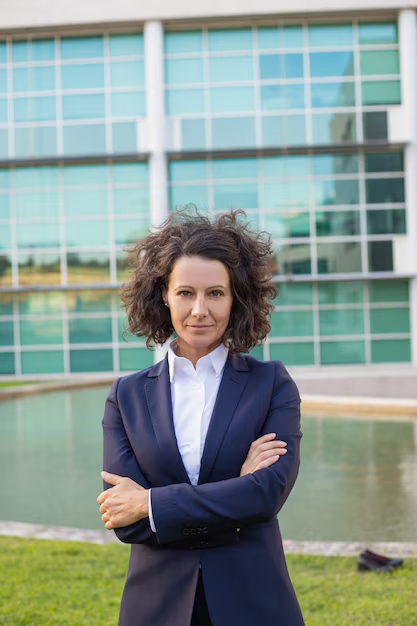 A woman posing for her outdoor professional headshot with her hands-crossed